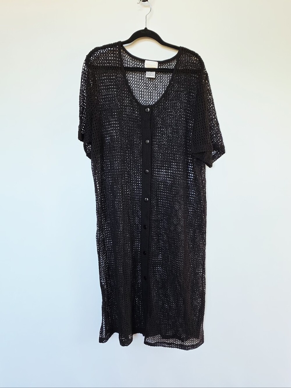 Vintage Roaman's Black Open Knit Button Down Kaftan Cover Up Women's Size 1X